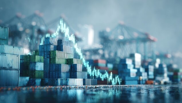 A digital rendering depicts a shipping port with cargo containers, overlaid with a cyan graph illustrating a downward trend in a foggy, atmospheric setting
