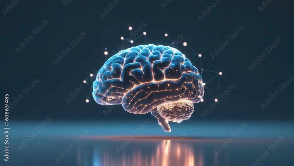 Poster glowing blue digital brain representation with interconnected data points on a dark background