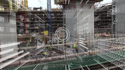 Digital grid emerging over construction site triggered by workers updating rebar data visualization - Powered by Adobe
