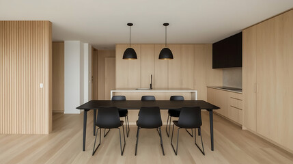 The modern minimalist kitchen and dining area features light wood flooring, a black rectangular dining table, four sleek chairs, and a matte black upper cabinet. The space is partially separated by a 
