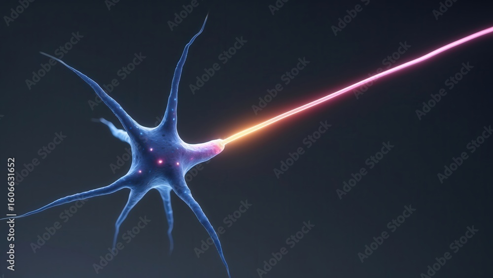 Poster an intricately detailed neuron emitting a vibrant laser-like beam in a subtle gradient background