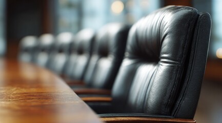 A close-up of a row of dark leather chairs around a long, polished wooden conference table, set against a blurred background of a modern office space