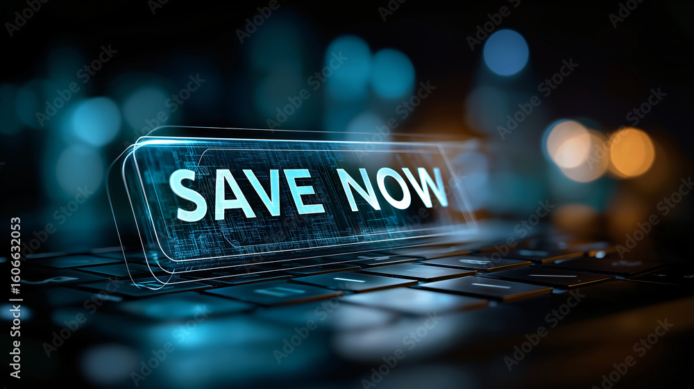 Poster save now futuristic button on a keyboard