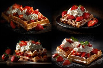 Quadruple image showcasing golden waffles topped with fresh strawberries and whipped cream, dusted with powdered sugar; dark background