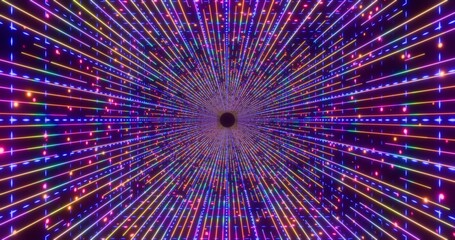 Futuristic glowing neon rays background. Shining geometric rainbow lines and grid inside tube in perspective. Bright retro digital cyberspace. 3D rendering.