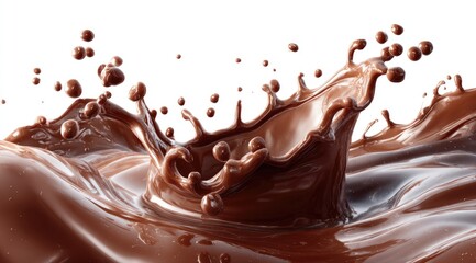 A dynamic splash of rich, dark brown liquid, creating a crown-like effect against a stark white background.  The texture appears smooth and glossy, showcasing the liquid's viscosity