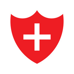 Obraz premium Vector illustration of a red shield with a white cross symbol, representing medical protection, healthcare, or antibacterial safety. Perfect for health-related content, disinfectant labels, and safety