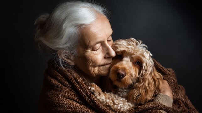 A touching moment: Elderly woman embraces her adorable golden retriever dog