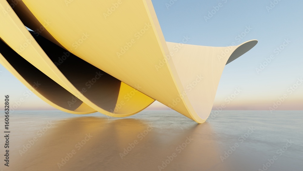 Aufkleber abstract white curved architecture background, empty wavy space with reflected concrete floor, futur