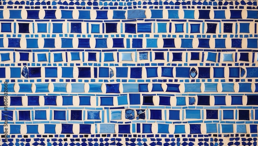 Poster a vibrant mosaic of blue tiles arranged in various shapes creating an abstract pattern
