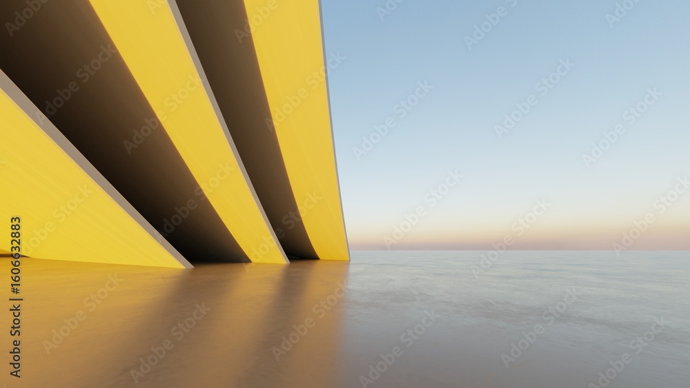 Aufkleber abstract white curved architecture background, empty wavy space with reflected concrete floor, futur
