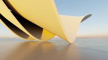Abstract white curved architecture background, Empty wavy space with reflected concrete floor, Futuristic modern interior backdrop, 3d rendering of twisted building