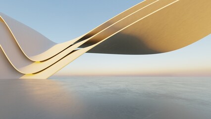 Abstract white curved architecture background, Empty wavy space with reflected concrete floor, Futuristic modern interior backdrop, 3d rendering of twisted building