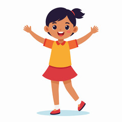Obraz premium A cheerful young girl with open arms, wearing a yellow top and red skirt, smiles broadly.
