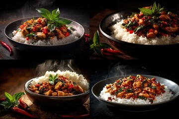 Steaming Thai basil chicken (Pad Kra Pao) atop rice in bowls, close-up