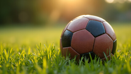 Fototapeta premium Macro shot of a football on the field. Ultra realistic football photography. Close-up football images for sports fans. Detailed football texture and design.
