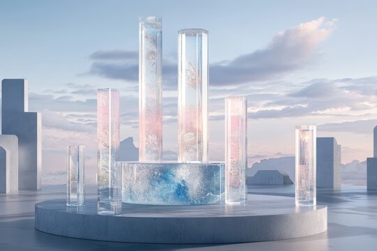 Abstract display of translucent forms against a pastel sky.
