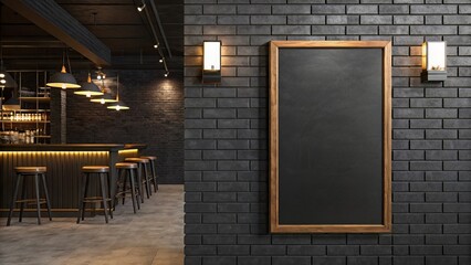 Blackboard-Style Poster on Brick Wall with Sconces in Industrial Bar Scene