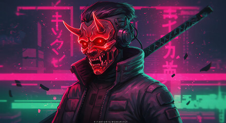 A futuristic warrior dons a glowing red Oni mask, headphones, and a tactical jacket, holding a katana against a neon-lit cyberpunk cityscape.