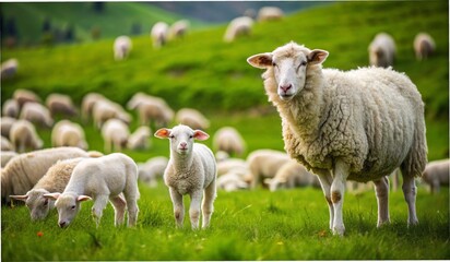 Obraz premium White lambs and ewes graze in a green spring pasture