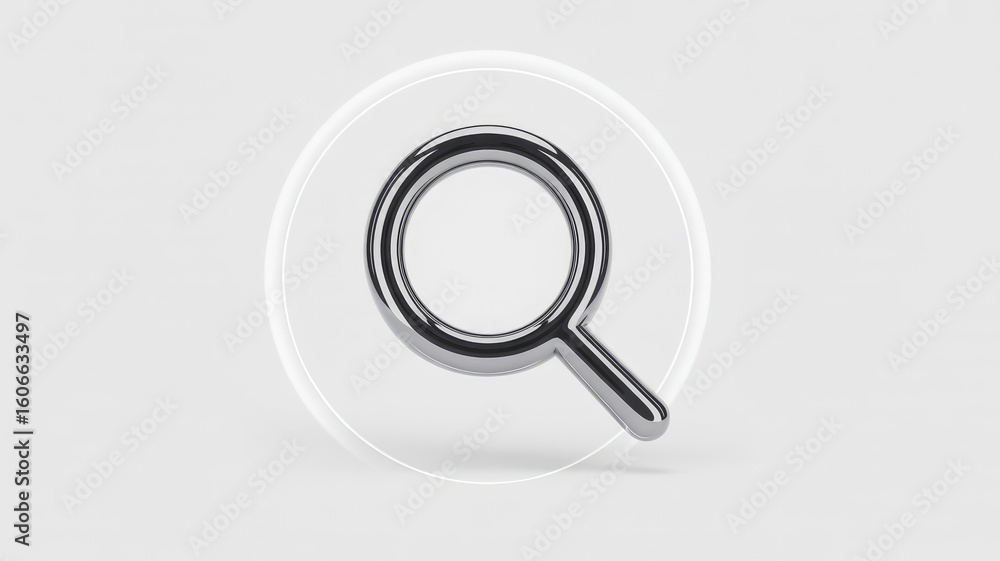 Aufkleber 3d render of a chrome magnifying glass icon within a circular frame