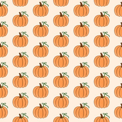 Orange pumpkins with green coquette bows seamless pattern. Beige background. Girly fall themed illustration. For Prints, Wrapping Paper, Wallpaper, Textiles, Stationery, and Fabric