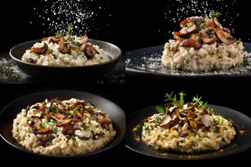 Four plates of mushroom risotto, elegantly presented, against a black background