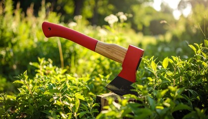 Axe resting in a garden