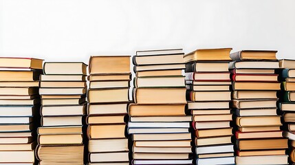 Stacked hardcover books against a white background showing the fore edges and book covers