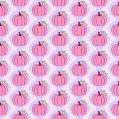 Pink pumpkins with coquette bows seamless pattern. Girly fall themed illustration. For Prints, Wrapping Paper, Wallpaper, Textiles, Stationery, and Fabric