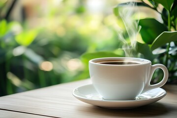 Fototapeta premium Steaming cup of coffee on a table, with green blurred background, freshness and morning