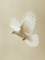 Obraz premium White dove flying with open wings on soft background.