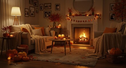 Cozy living room decorated for autumn with candles and pumpkins  
