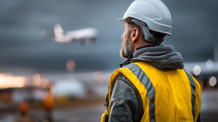 Airport worker watches as a passenger plane takes off in challenging weather
