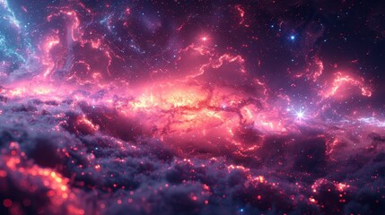 Naklejka premium Cosmic nebula of red and blue interstellar dust, with bright, glowing points of light