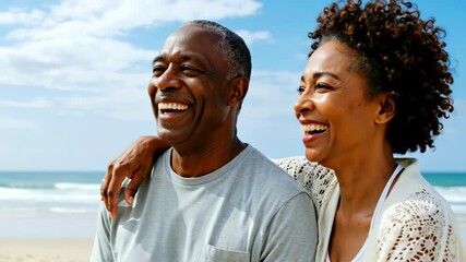 Happy, laughing senior African American couple embracing on sunny beach. Concept of love, retirement, and enjoying life together. For travel, pension, or relationship banner. Horizontal banner - Powered by Adobe