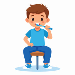 Cartoon boy sitting on a stool, brushing his teeth with a toothbrush.
