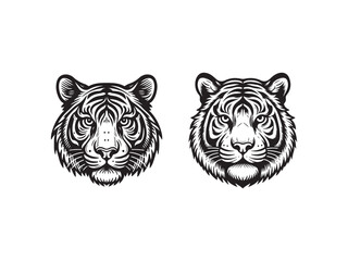 Set of Tiger Head Line Art Vector Illustrations Isolated on White Background

