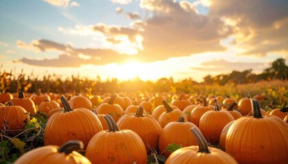 Pumpkins with a cloudy sky at sunset, dramatic natural light