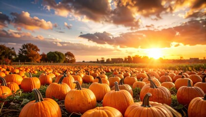 Pumpkins with a cloudy sky at sunset, dramatic natural light