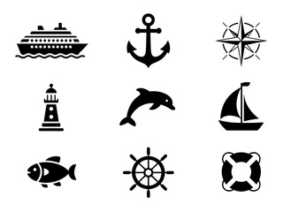 Marine and Nautical Icons Set. Cruise Ship, Anchor, Compass, Lighthouse, Dolphin, Sailboat, Fish, Ship Wheel, and Lifebuoy. Black Silhouette Vector for Sea, Ocean, and Sailing Themes