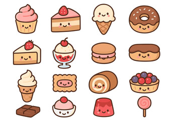 Cute kawaii desserts: ice cream, cakes, macarons, and sweets collection