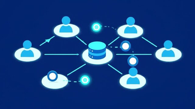 Network diagram with database and people icons, connected by arrows on dark blue