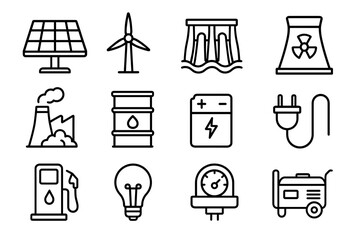 Energy icons collection: renewable, non-renewable, and power generation symbols