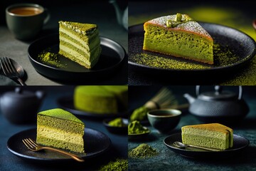 Four enticing matcha cakes on black plates. Each slice varies, showcasing layers & textures