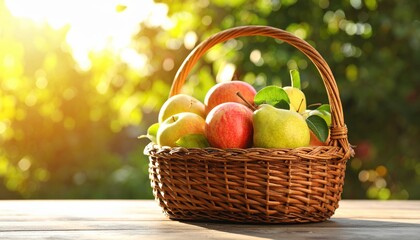 Wicker basket with apples and pears on a wooden table outdoors, warm sunlight