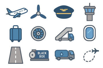 Naklejka premium Aviation elements: airplane, cockpit, baggage, aerodrome, luggage, engine, black box, fuel, runway, flight path