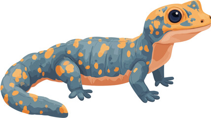 A digital illustration of a cartoon gecko. The gecko is predominantly blue-grey with scattered orange spots. Its underbelly is a lighter orange. It has large, expressive eyes, and its body is