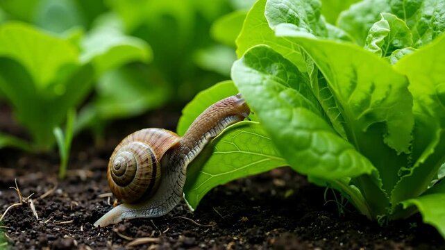 Garden snail with brown shell is eating fresh green lettuce leaf in vegetable patch. Concept of garden pests, organic gardening, and food chain. For nature or pest control banner. Horizontal banner