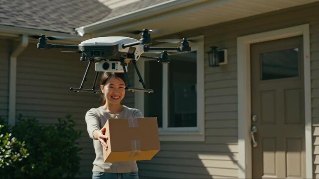 Smiling Asian woman holds cardboard box as delivery drone hovers in front of her house. Concept of future delivery services, e-commerce, and technology. For logistics or online shopping banner.